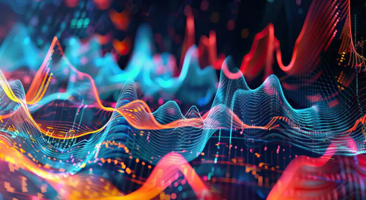 Abstract digital visualization of colorful financial data wave lines.