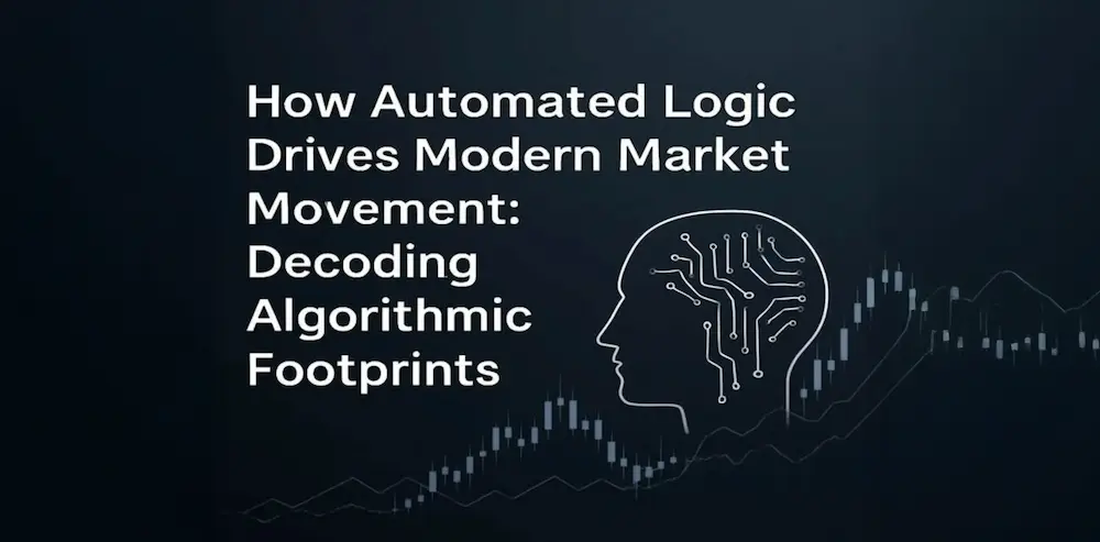 Text banner about algorithmic trading with a circuit-board head outline next to market stock charts.