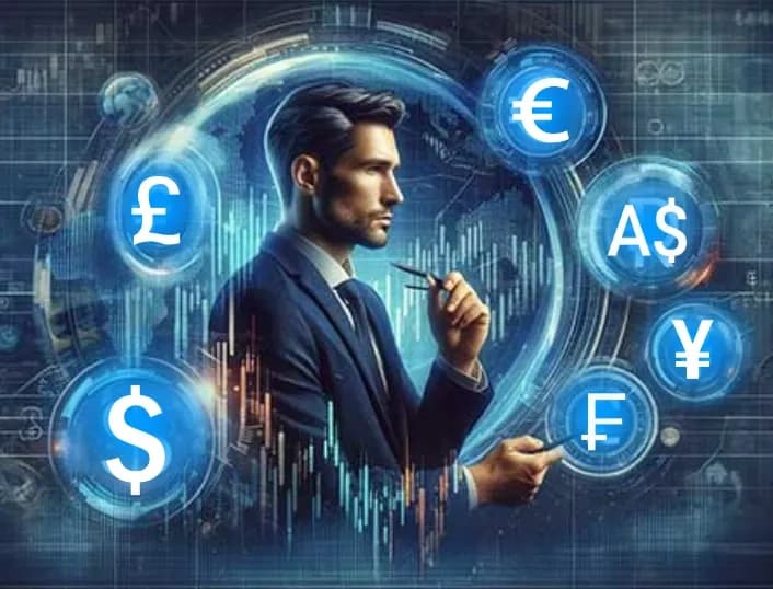 Businessman surrounded by global currency symbols.