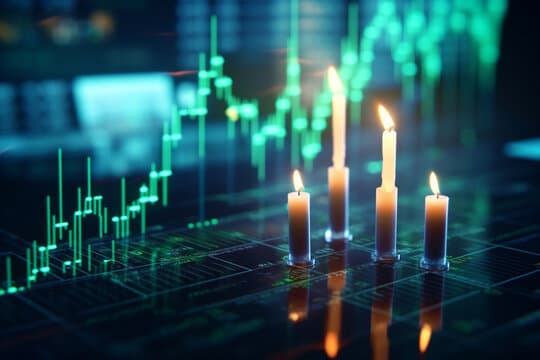 Lit wax candles standing on a surface overlaying a green financial stock market candlestick chart display.